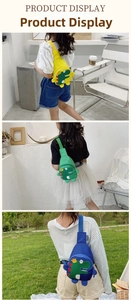 Vertical collage showing blue, yellow and green nylon dinosaur crossbody bags for kids