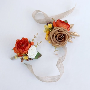 Wedding wrist corsage and boutonniere set with vintage orange roses and jute rope details