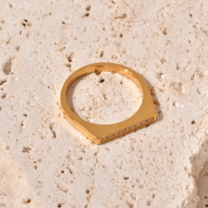 Minimalist gold-plated D-shape titanium steel ring with micro-paved crystal diamonds