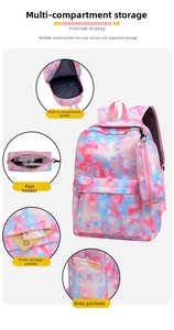 Detail view of pink and blue starry backpack showing multi-layer compartments and pencil case