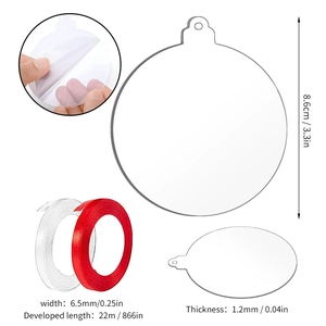 Clear round acrylic Christmas ornaments with red ribbons and detailed size measurements