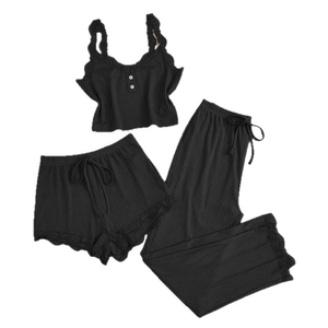 Three-piece black ribbed loungewear set with lace trim and camisole top with pants
