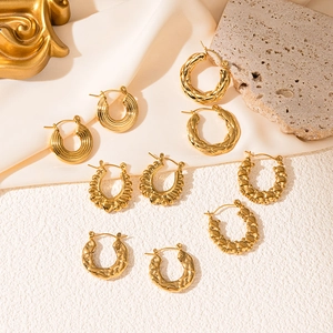 Boucles d'Oreilles Créoles Géométriques Rétro en Acier Inoxydable pour Femmes Dorées Argentées Texturées Martelées Bijoux