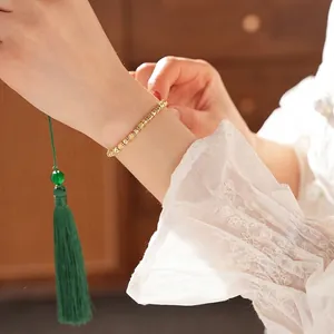 18K Gold Plated Copper Bracelet With Cubic Zirconia Beaded Retro Chinese Style Vintage Elegant Jewelry For Women