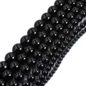 Polished natural black agate round beads for DIY jewelry making in various sizes