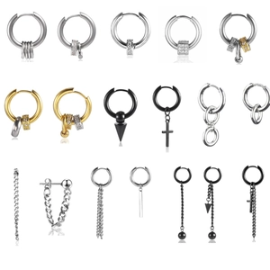 Stainless Steel Hoop Earrings With Cross Spike Chain Dangle Punk Hip Hop Style Jewelry For Men And Women