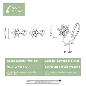 Macro detail of S925 sterling silver snowflake jewelry set with precise dimensions and zircon