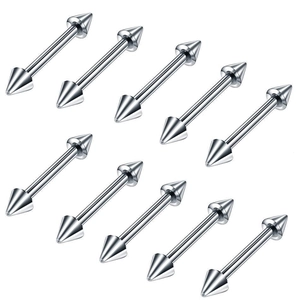 Detail of eight silver stainless steel barbell studs with cone ends on white background