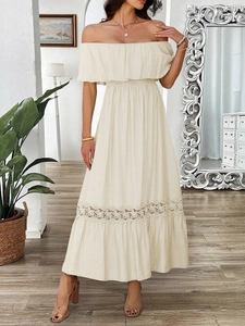 Off-shoulder beige maxi dress with elastic waist and hollow lace splicing hem details
