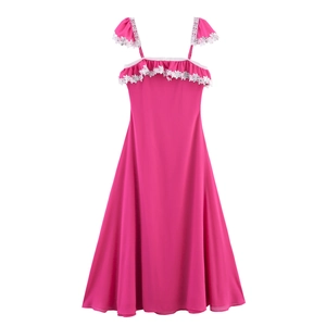 Vestito Maxi Con Spalline Sottili Chiffon Pizzo Patchwork Volant Paillettes Vita Alta Elegante Donna