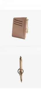Pink PU leather card holder with three slots, metal zipper, and a golden keychain hook