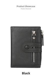 Detail of slim black men's wallet featuring litchi grain texture and zipper pocket