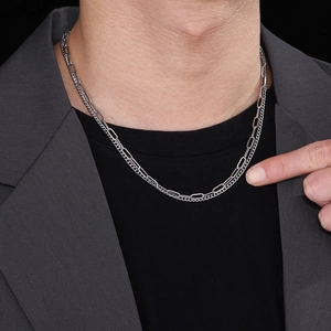 Hip hop silver double-layer titanium steel necklace with OT buckle on male model