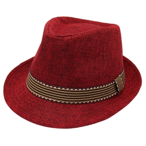 Classic deep red flat top fedora hat with a striped vintage ribbon band for men and women