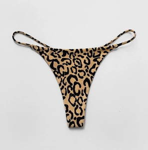 Detailed top view of low-waist leopard print thong bikini bottoms with thin side straps