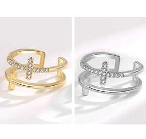 Double-layered 925 sterling silver cross rings in gold and silver with zircon stones