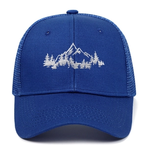 Navy blue trucker hat with mountain forest embroidery and breathable mesh back