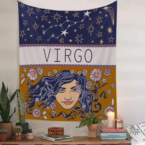 Detailed close-up of Virgo zodiac wall tapestry hanging in a cozy bedroom setting