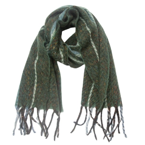 Detail of green herringbone knit scarf featuring colorful specks and white stripes with tassels