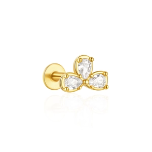 Detailed view of 16G gold clover stud earring with three teardrop clear gemstones
