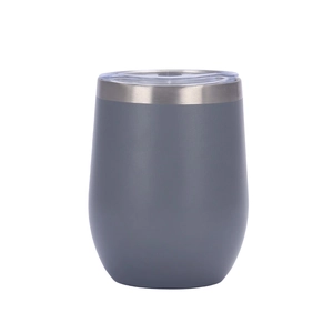 Detail of grey 12oz insulated stainless steel egg cup with transparent plastic lid
