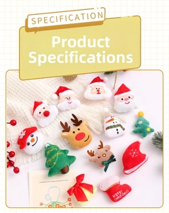 Flat lay of soft plush Christmas brooches featuring reindeer, snowman and Santa motifs