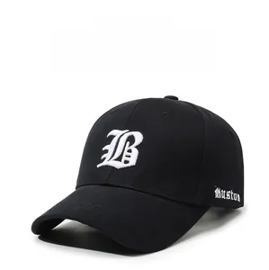 Detailed embroidery of gothic letter B and Boston text on black cotton baseball cap