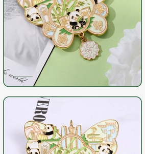 Macro detail of enamel panda magnet with Chengdu cultural motifs and metal frame