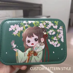 Portable dark green PU leather jewelry organizer case with Chinese girl illustration