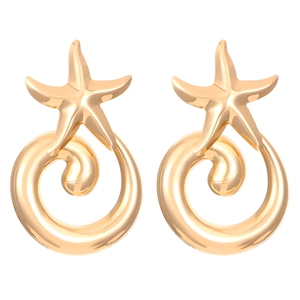 Golden starfish stud earrings with spiral ring texture for ocean beach vacation style