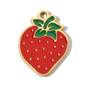 Detail of red strawberry charm with gold edges and green enamel for DIY jewelry