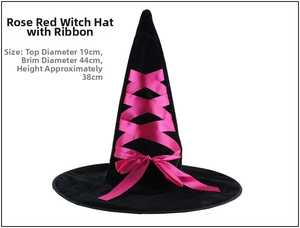Detail of black witch hat with fuchsia silk ribbon lacing and bow for Halloween