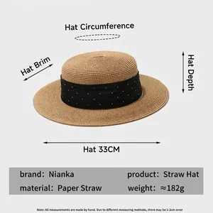 Flat straw sun hat with rhinestone satin trim and detailed size measurement specifications