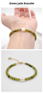 Détail du bracelet en perles de jade vert et perle blanche avec fermoir doré