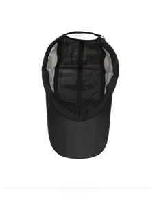 Internal detail of black sports cap showing breathable mesh and adjustable strap