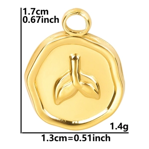 Detailed view of golden 18k plated fishtail charm with dimensions 1.7cm by 1.3cm