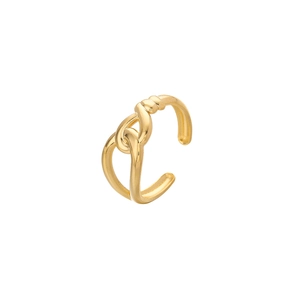Close-up of gold plated stainless steel ring with elegant hollow leaf and heart design