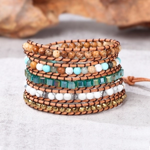 Bohemian Multi-Layer Wrap Bracelet Tiger Eye Natural Stone Glass Crystal Leather Wax Cord Handmade Jewelry For Women