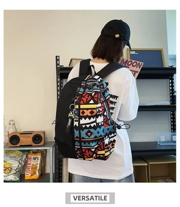 Detailed view of fashionable backpack with ethnic geometric patterns and versatile design