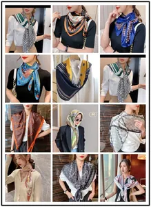 Detailed grid of luxury style silk scarves featuring oblique and chain pattern prints