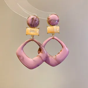 Pink marble resin geometric earrings with round and rhombic pendants for women