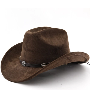 Classic Western Cowboy Hat Faux Suede Wide Brim Retro Fedora With Leather Band Metal Sunflower Shell Decor Sun Protection