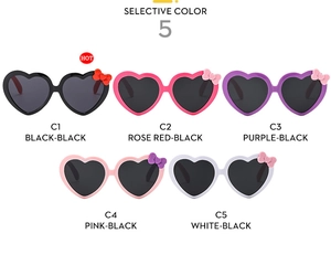 Detailed macro view of heart-shaped sunglasses in five vibrant colors with cute bow accents