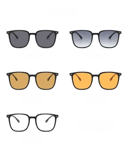 Detailed grid showing square vintage sunglasses in grey, tea, orange, and clear lenses