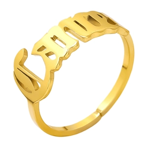 Detailed view of custom gold name ring Emily with gothic font and adjustable open band