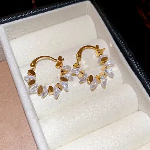 18k gold plated geometric hoop earrings with sparkling crystal clusters for women