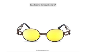 Steampunk sunglasses detail showing brown metal frames and yellow lenses C7