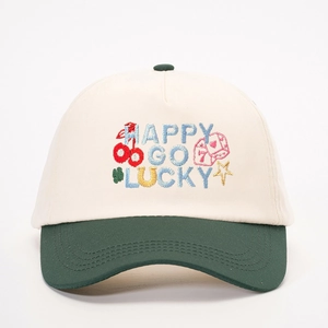 Two-tone baseball cap with HAPPY GO LUCKY embroidery and dice motifs in cream and dark green