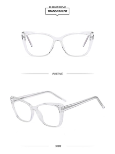 Detailed front and side view of transparent TR90 cat-eye anti-blue light glasses frames