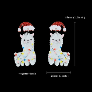 Detailed size view of alpaca earrings with red Santa hat and festive Christmas light print